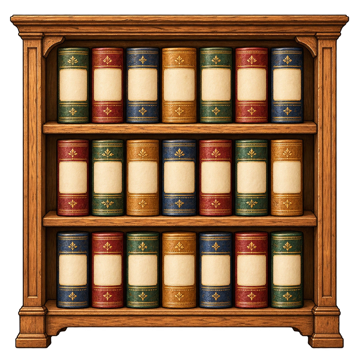 Estantería de madera llena de libros encuadernados en cuero